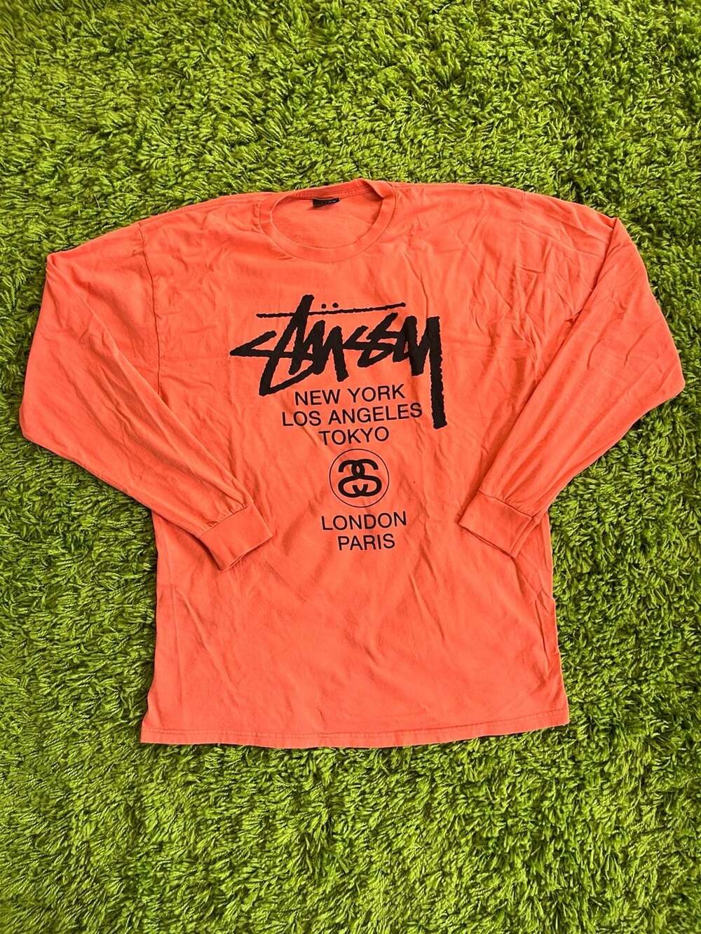 Stussy World Tour Long Sleeve T-Shirt XL Orange Coral